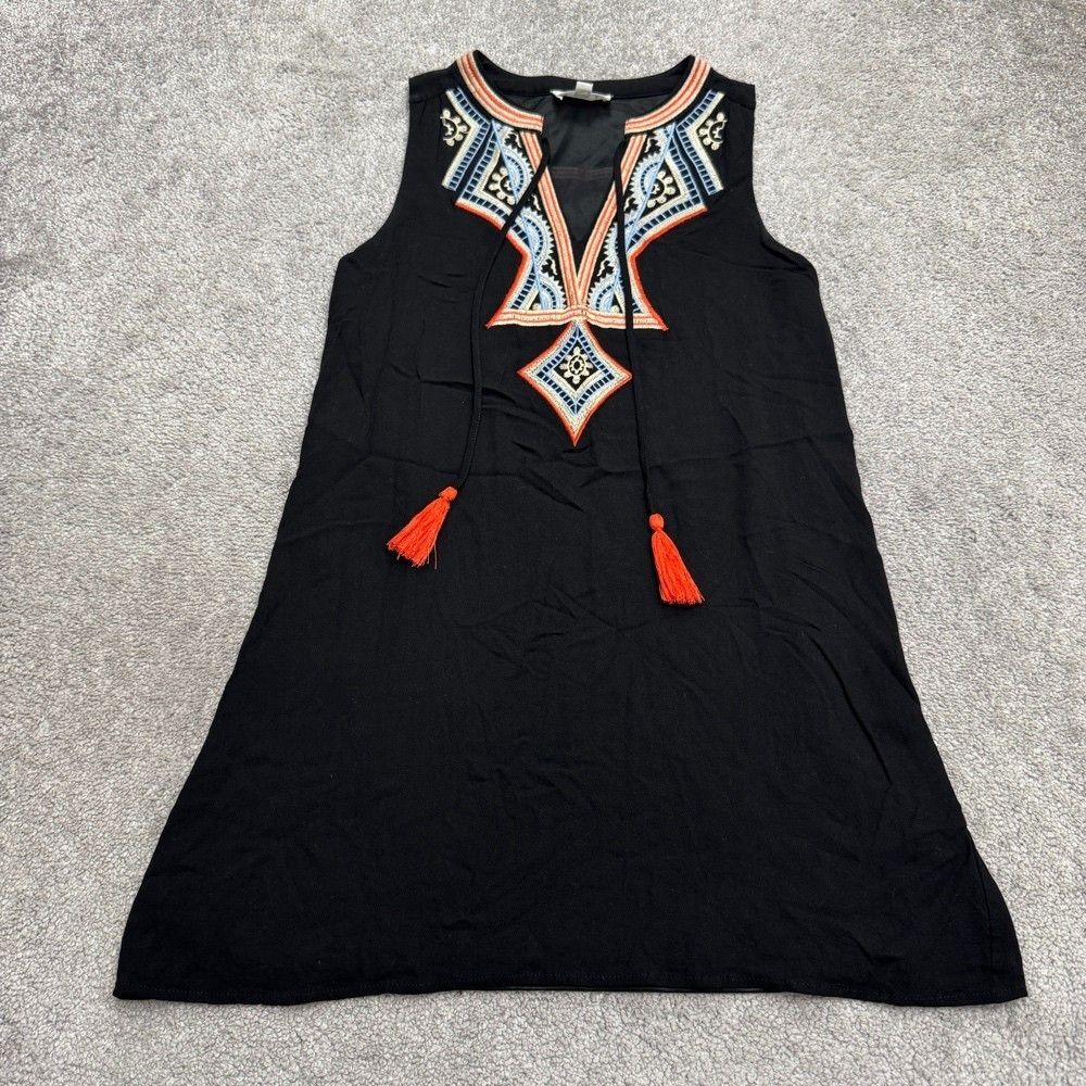 THML Embroidered Tassel V-Neck Shift Mini Dress Women XS Black Rayon Boho Casual